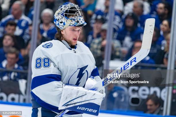 Tampa Bay Lightning Goalie Andrei Vasilevskiy reacts during the Round 1 NHL Stanley Cup Playoffs Game 5 between the Tampa Bay Lightning and the...