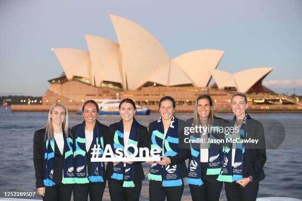 Ellie Carpenter, Kyah Simon, Steph Catley, Rebekah Stott, Lydia Williams and Alanna Kennedy pose on June 25, 2020 in Sydney, Australia. Australia...