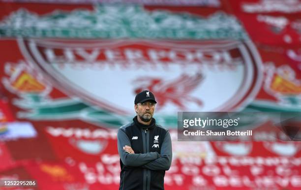 Liverpool manager Jurgen Klopp looks on prior to the Premier League match between Liverpool FC and Crystal Palace at Anfield on June 24, 2020 in...