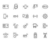 NFC line icon set. Near Field Communication technology, contactless payment, card with chip minimal vector illustration. Simple outline signs for smartphone pay. Pixel Perfect. Editable Strokes