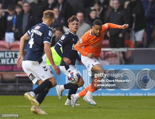 Blackpool's CJ Hamilton battles for the ball during the Sky Bet Championship between Blackpool and Millwall at Bloomfield Road on April 29, 2023 in...