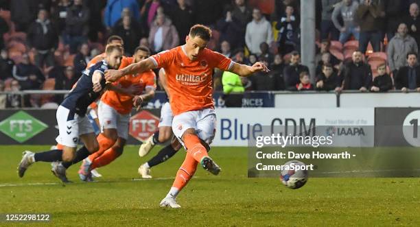 Blackpool's Jerry Yates scores his team's first goal during the Sky Bet Championship between Blackpool and Millwall at Bloomfield Road on April 29,...