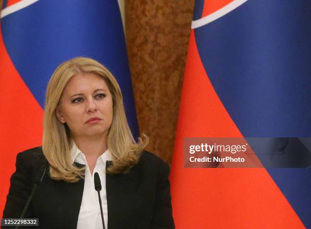 President of Slovakia Zuzana Caputova takes part at a joint press-conference with President of the Czech Republic Petr Pavel and President of Ukraine...