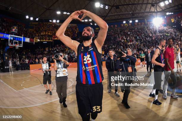 Nikola Mirotic, #33 of FC Barcelona celebartes at the end of the 2022/2023 Turkish Airlines EuroLeague Play Offs Game 2 match between FC Barcelona...