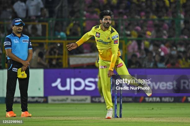 Chennai Super Kings Bowler Ravindra Jadeja bowls during the IPL T20 cricket match between Rajasthan Royals and Chennai Super Kings at Sawai Mansingh...