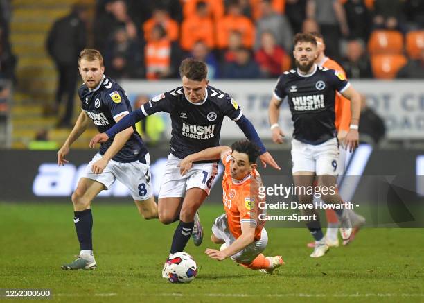 Blackpool's Charlie Patino battles with Millwall's Jamie Shackleton during the Sky Bet Championship between Blackpool and Millwall at Bloomfield Road...