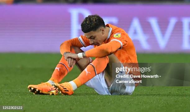 Dejected Blackpool's Morgan Rogers during the Sky Bet Championship between Blackpool and Millwall at Bloomfield Road on April 29, 2023 in Blackpool,...