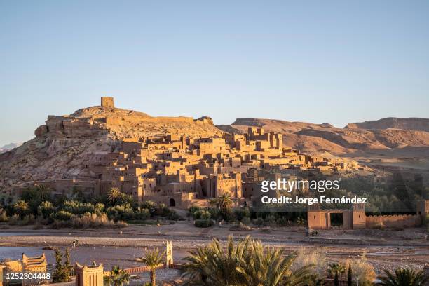View of the kasbah of Aït Benhaddou at sunrise.