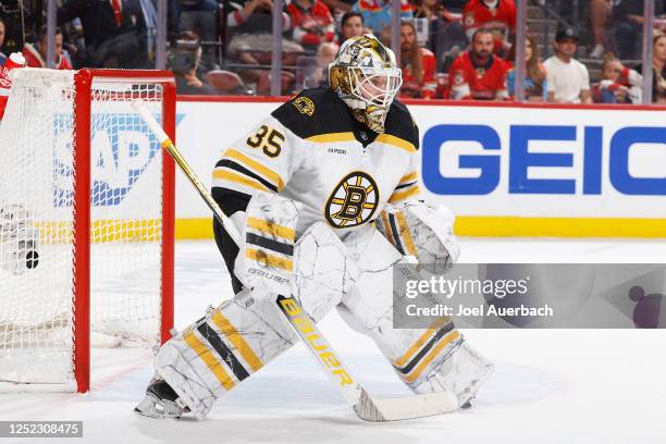 Goaltender Linus Ullmark of the Boston Bruins defends the net against the Florida Panthers during first period action in Game Six of the First Round...