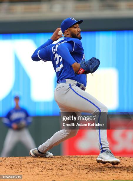 Amir Garrett of the Kansas City Royals pitches against the Minnesota Twins in the seventh inning at Target Field on April 28, 2023 in Minneapolis,...