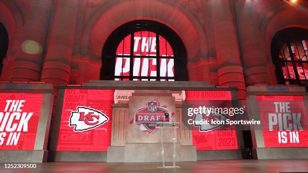 The stage is all red as it announces the Kansas City Chiefs pick is in during the second round of the NFL Draft on April 28, 2023 at Union Station in...