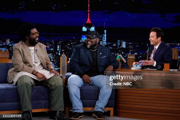 Episode 1842 -- Pictured: Musician Ahmir "Questlove" Thompson and writer S. A. Cosby during an interview with host Jimmy Fallon on Friday, April 28,...