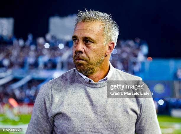 Lucas Pusineri coach of Atletico Tucuman looks on prior a Liga Profesional 2023 match between Atletico Tucuman and River Plate at Estadio Monumental...