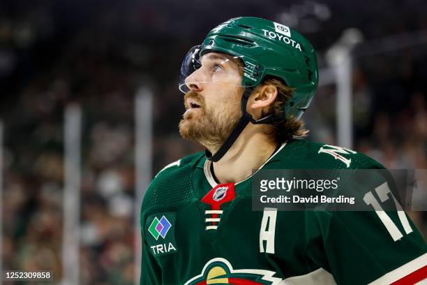 Marcus Foligno of the Minnesota Wild looks on against the Dallas Stars in the first period in Game Six of the First Round of the 2023 Stanley Cup...