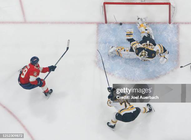 Matthew Tkachuk of the Florida Panthers scores a first period goal past goaltender Linus Ullmark of the Boston Bruins in Game Six of the First Round...