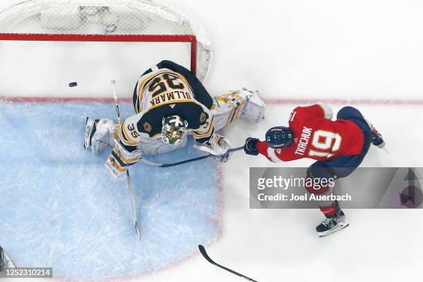 Matthew Tkachuk of the Florida Panthers scores a third period goal past goaltender Linus Ullmark of the Boston Bruins in Game Six of the First Round...