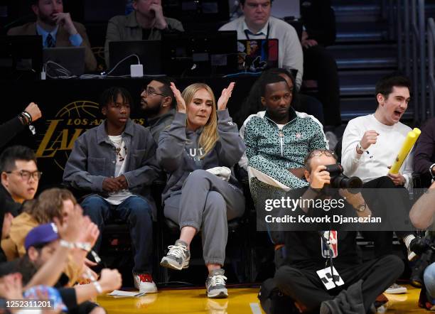 Adele attends the basketball game between the Los Angeles Lakers and the Memphis Grizzlies Round 1 Game 6 of the 2023 NBA Playoffs at Crypto.com...