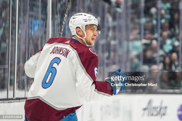 Erik Johnson of the Colorado Avalanche celebrates his goal against the Seattle Kraken during the second period in Game Six of the First Round of the...