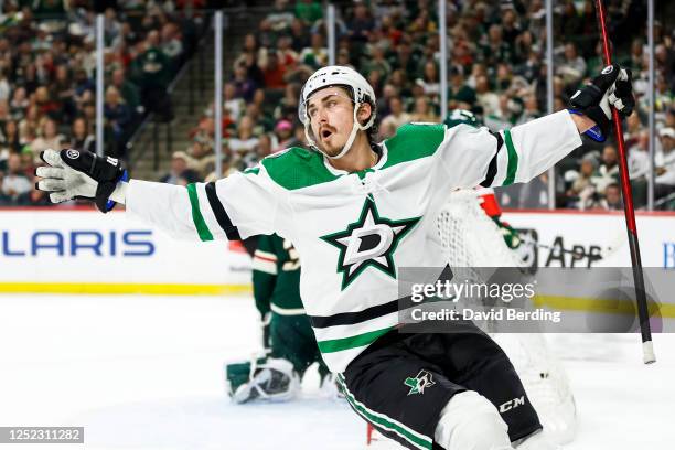 Mason Marchment of the Dallas Stars celebrates his goal against the Minnesota Wild in the second period in Game Six of the First Round of the 2023...