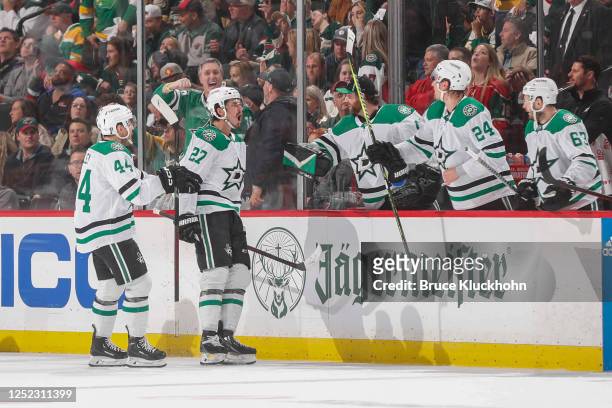 Mason Marchment of the Dallas Stars celebrates after scoring a goal against the Minnesota Wild in the second period of Game Six of the First Round of...