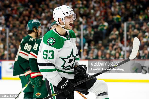 Wyatt Johnston of the Dallas Stars celebrates his goal against the Minnesota Wild in the second period in Game Six of the First Round of the 2023...
