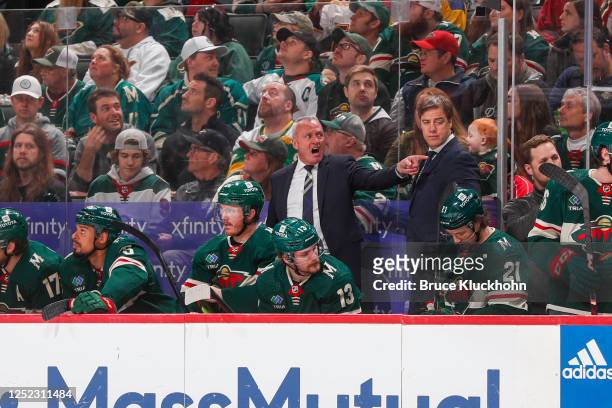 Dean Evason head coach of the Minnesota Wild reacts as he watches their game against the Dallas Stars in the second period of Game Six of the First...