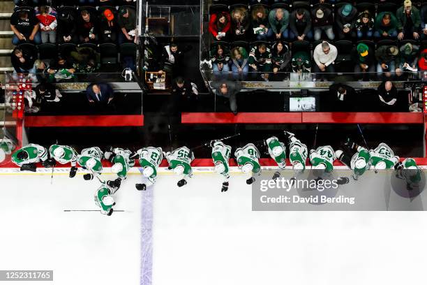 Wyatt Johnston of the Dallas Stars celebrates his goal against the Minnesota Wild with teammates in the second period in Game Six of the First Round...