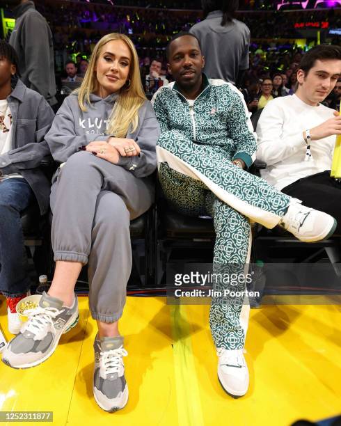 Grammy winner, Adele and Agent Rich Paul poses for a photo prior to the game between the Memphis Grizzlies and the Los Angeles Lakers during Round 1...