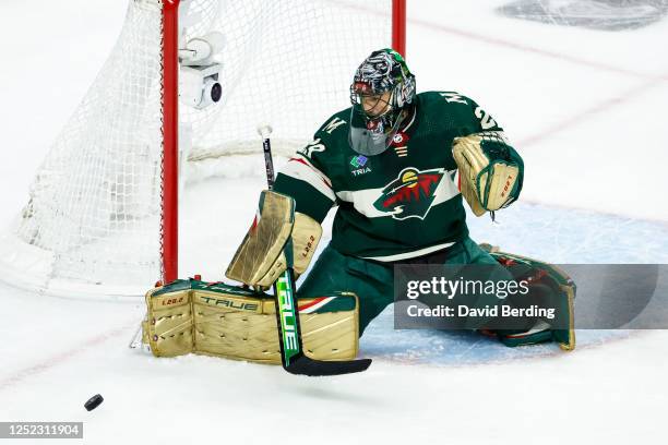 Marc-Andre Fleury of the Minnesota Wild makes a save against the Dallas Stars in the third period in Game Six of the First Round of the 2023 Stanley...