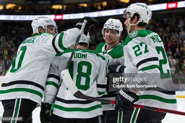 Dallas Stars center Max Domi celebrates with teammates after an empty net goal during Game Six of the First Round of the 2023 Stanley Cup Playoffs...