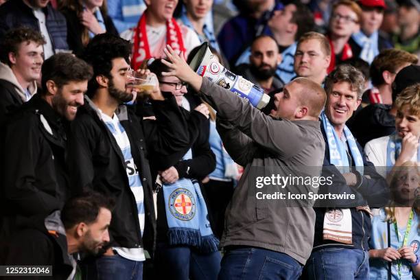 Melbourne City Terrace fans are seen chanting during the A-League Men's football match between Melbourne City and Western Sydney Wanderers at AAMI...