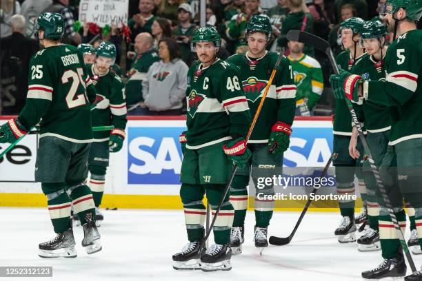 Minnesota Wild defenseman Jared Spurgeon looks on after Game Six of the First Round of the 2023 Stanley Cup Playoffs between the Minnesota Wild and...