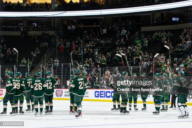 Minnesota Wild salute to the fans at center ice after Game Six of the First Round of the 2023 Stanley Cup Playoffs between the Minnesota Wild and the...