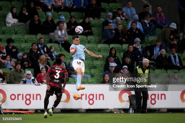 Andrew Nabbout of Melbourne City FC heads the ball during the A-League Men's football match between Melbourne City and Western Sydney Wanderers at...