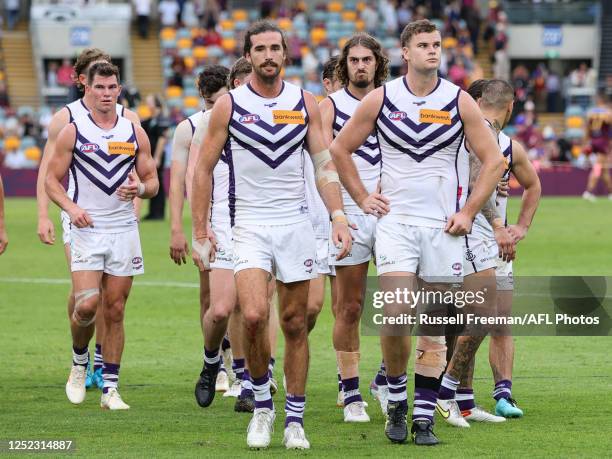 Dejected Fremantle leave the field after the 2023 AFL Round 06 match between the Gold Coast Suns and the North Melbourne Kangaroos at Heritage Bank...