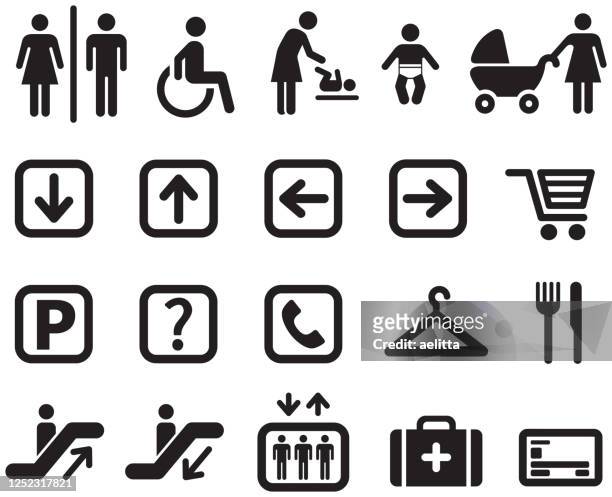 satz von symbolen - einkaufszentrum. - öffentliche toilette stock-grafiken, -clipart, -cartoons und -symbole