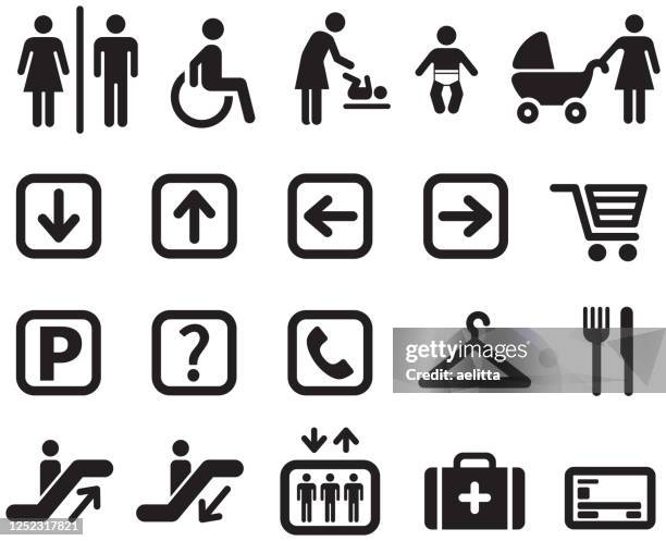 illustrazioni stock, clip art, cartoni animati e icone di tendenza di set di icone - centro commerciale. - fitting room sign