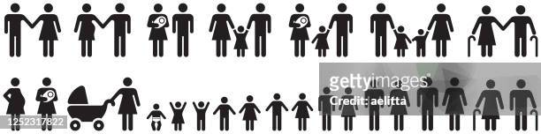 set of icons of people - human age, family. - black and white people holding hands stock illustrations