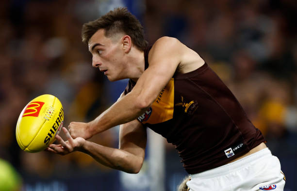 Seamus Mitchell of the Hawks in action during the 2023 AFL Round 07 match between the Western Bulldogs and the Hawthorn Hawks at Marvel Stadium on...