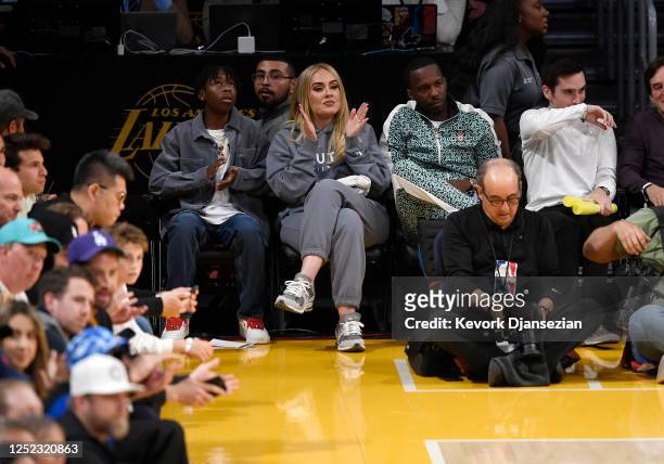 Adele attends the basketball game between Los Angeles Lakers and Memphis Grizzlies Round 1 Game 6 of the 2023 NBA Playoffs against Los Angeles Lakers...