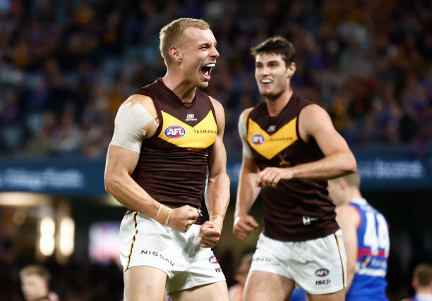 James Worpel of the Hawks celebrates a goal during the 2023 AFL Round 07 match between the Western Bulldogs and the Hawthorn Hawks at Marvel Stadium...