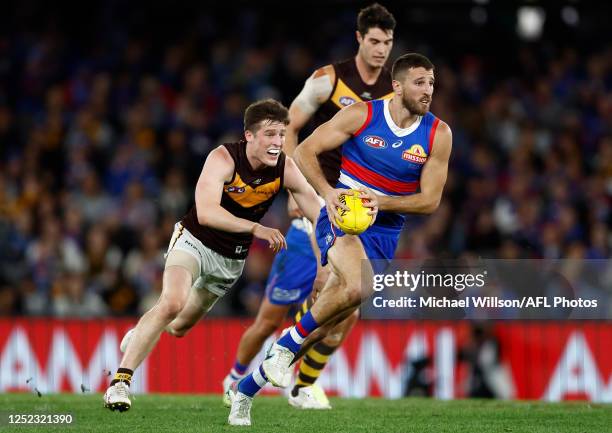 Marcus Bontempelli of the Bulldogs in action during the 2023 AFL Round 07 match between the Western Bulldogs and the Hawthorn Hawks at Marvel Stadium...