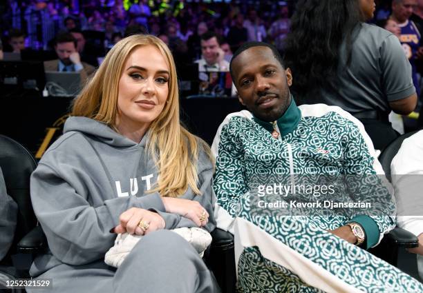 Adele and Rich Paul attend the basketball game between Los Angeles Lakers and Memphis Grizzlies Round 1 Game 6 of the 2023 NBA Playoffs against Los...