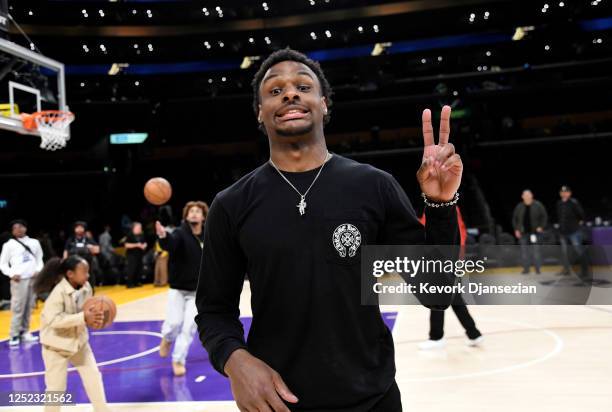 Bronny James, son of LeBron James of the Los Angeles Lakers, reacts after the basketball game between Los Angeles Lakers and Memphis Grizzlies Round...