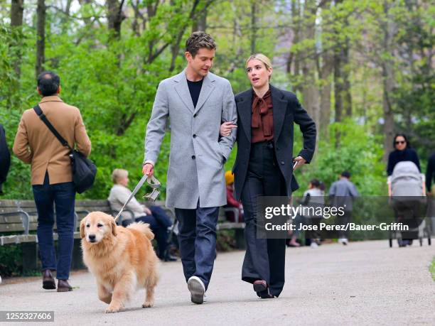 Matt Czuchry and Emma Roberts are seen at film set of the 'American Horror Story' TV Series on April 28, 2023 in New York City.