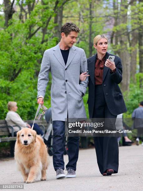 Matt Czuchry and Emma Roberts are seen at film set of the 'American Horror Story' TV Series on April 28, 2023 in New York City.