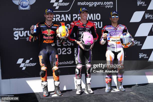 April: Jack Miller of Australia and Red Bull KTM Factory Racing KTM , Aleix Espargaro of Spain and Aprilia Racing Aprilia and Jorge Martin of Spain...