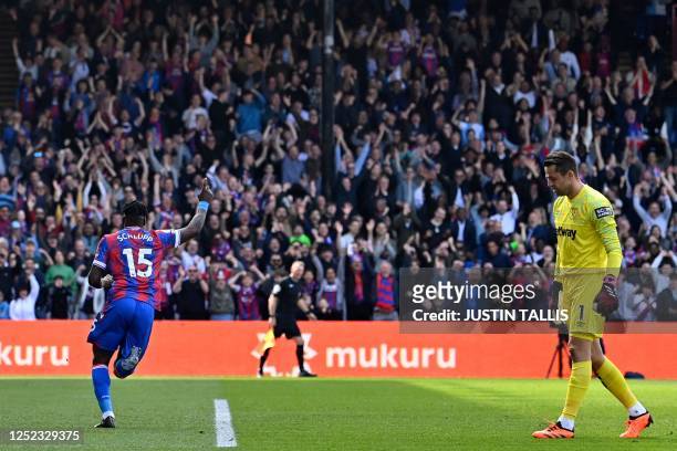 West Ham United's Polish goalkeeper Lukasz Fabianski reacts as Crystal Palace's German midfielder Jeffrey Schlupp celebrates after scoring their...