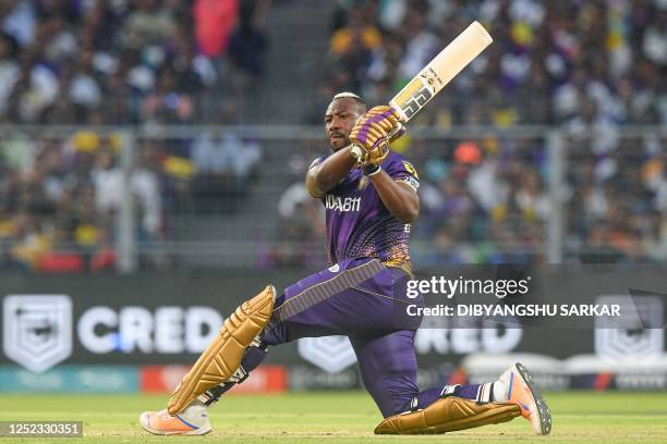 Kolkata Knight Riders' Andre Russell plays a shot during the Indian Premier League Twenty20 cricket match between Kolkata Knight Riders and Gujarat...