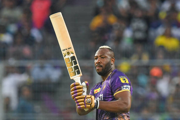 Kolkata Knight Riders' Andre Russell plays a shot during the Indian Premier League Twenty20 cricket match between Kolkata Knight Riders and Gujarat...